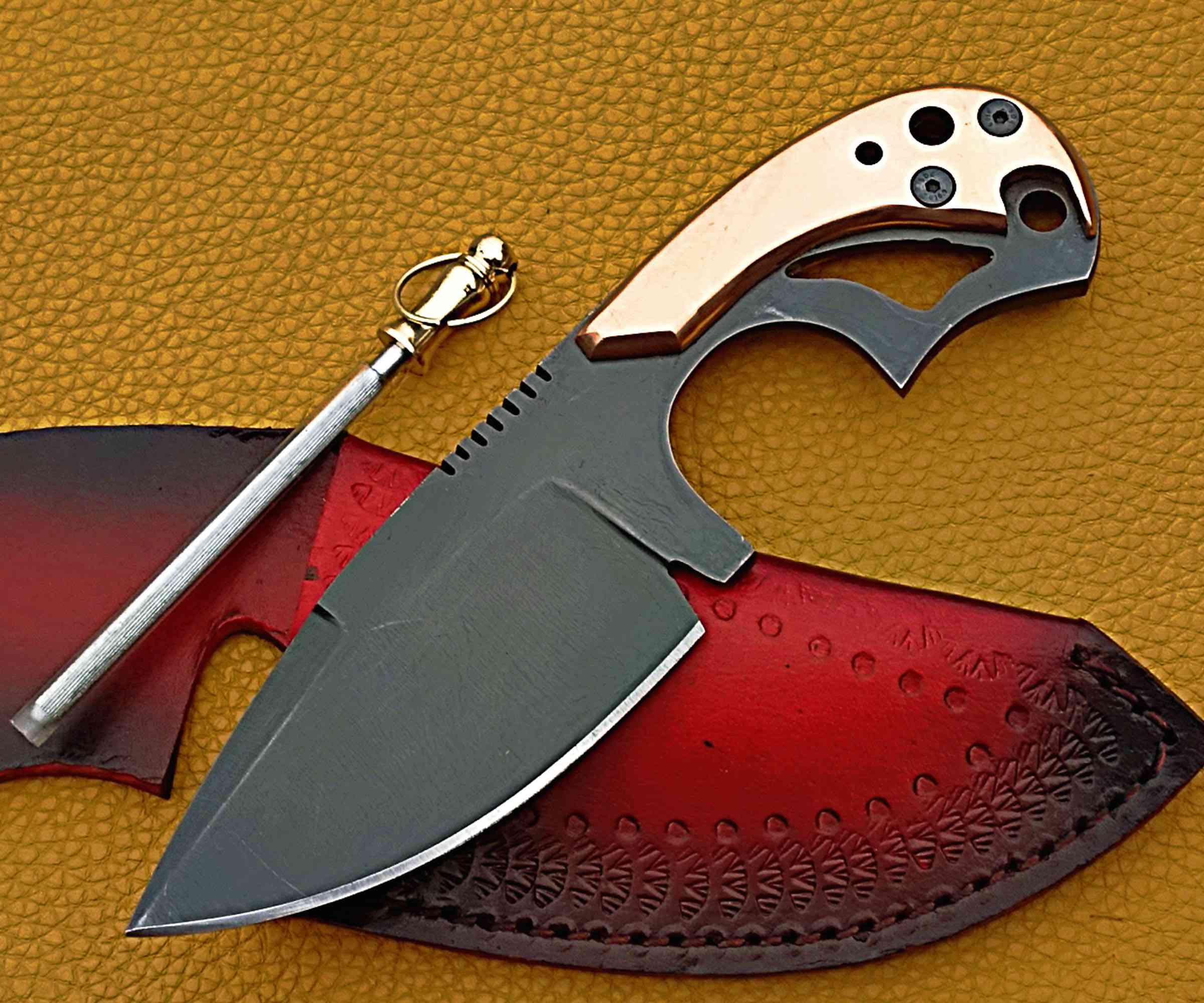 Full Tang Skinner Hunting Knife – Hammered Steel & Wood Handle Combo
