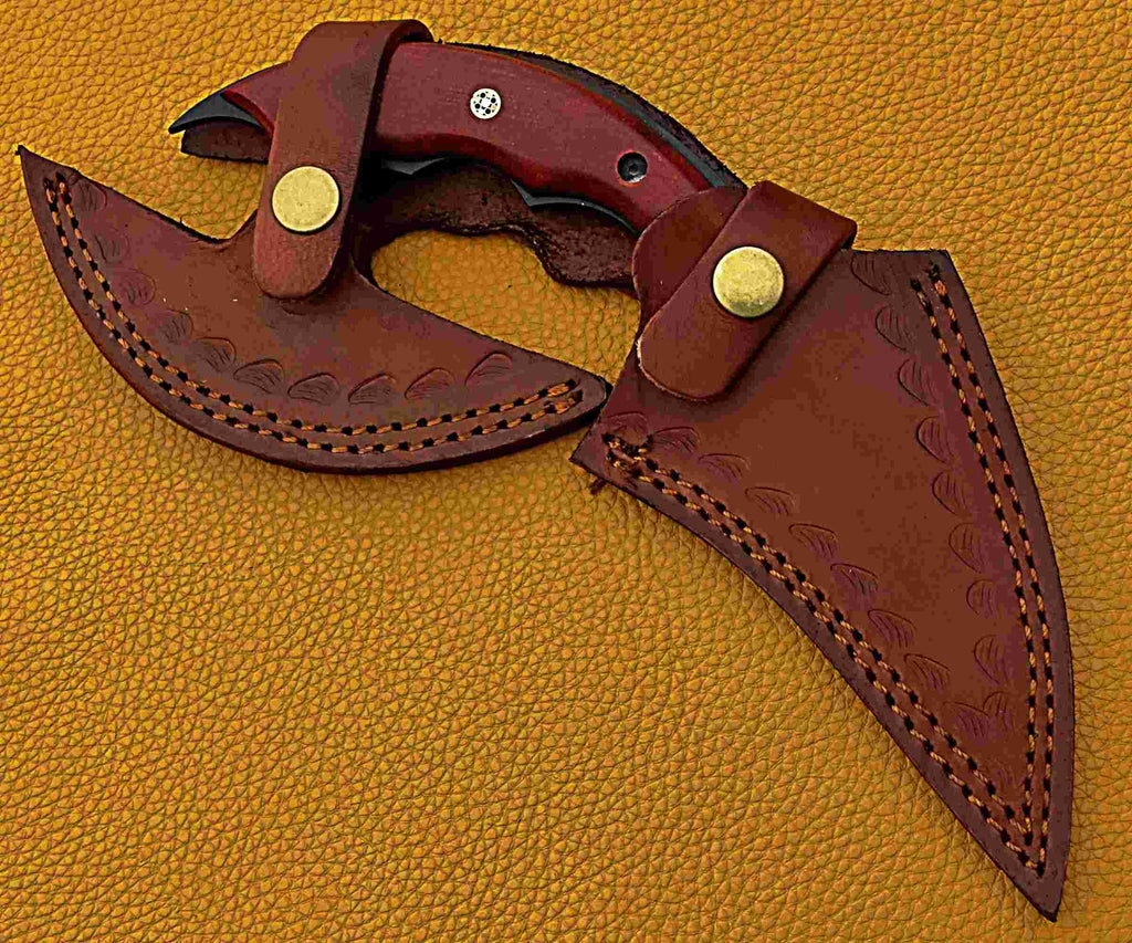 Tactical Karambit Knife – Curved Blade with Wooden Handle & Leather Sheath