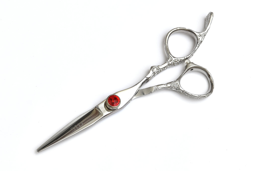 Elegant Silver Hair Shears with Red Jewel