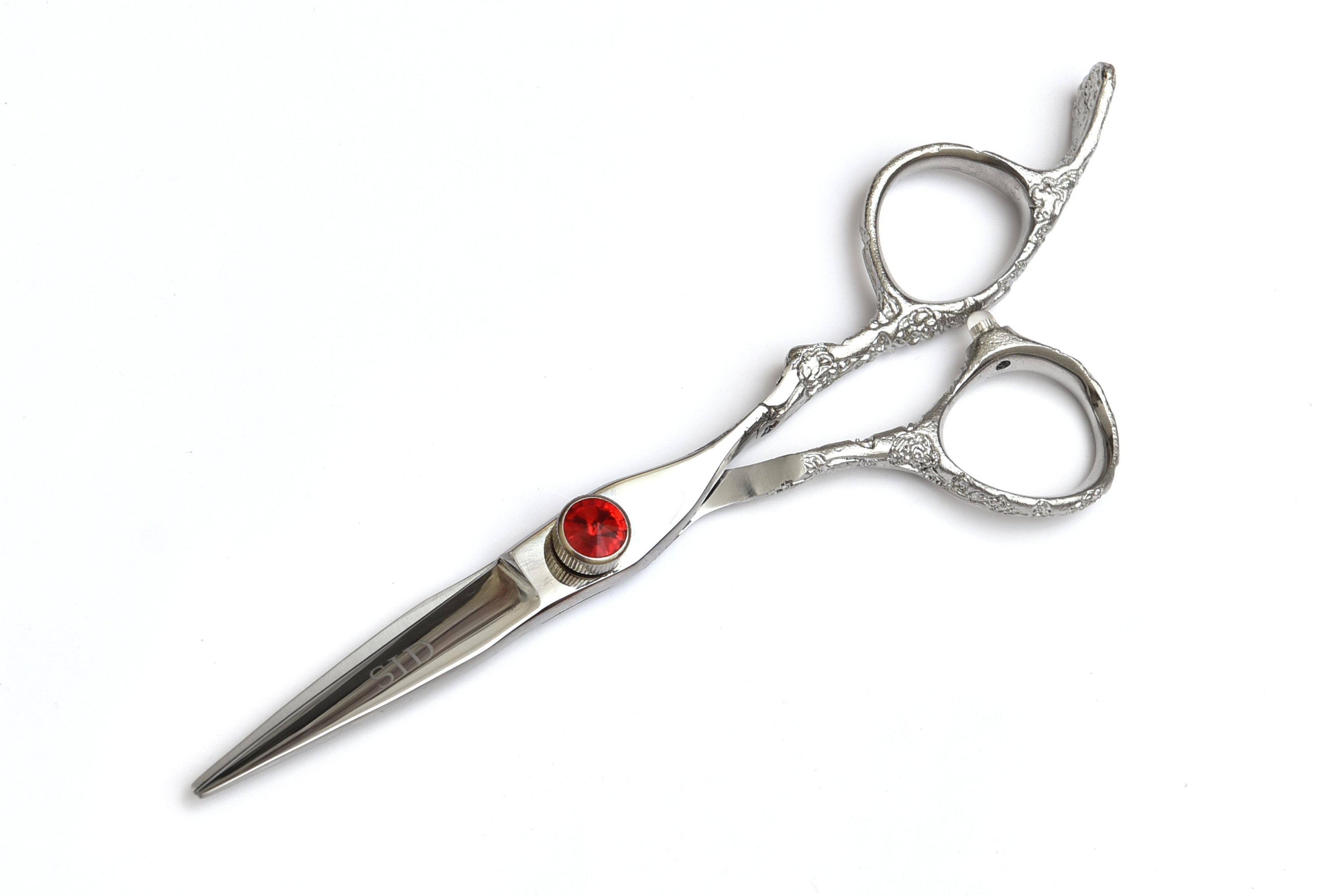 Elegant Silver Hair Shears with Red Jewel