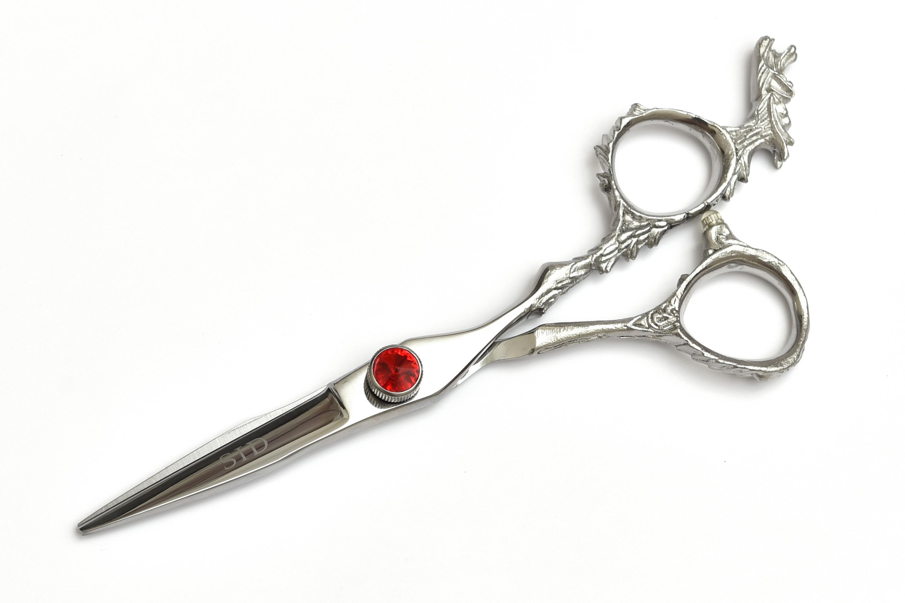 Ornate Silver Shears with Red Gem Leaf Handle