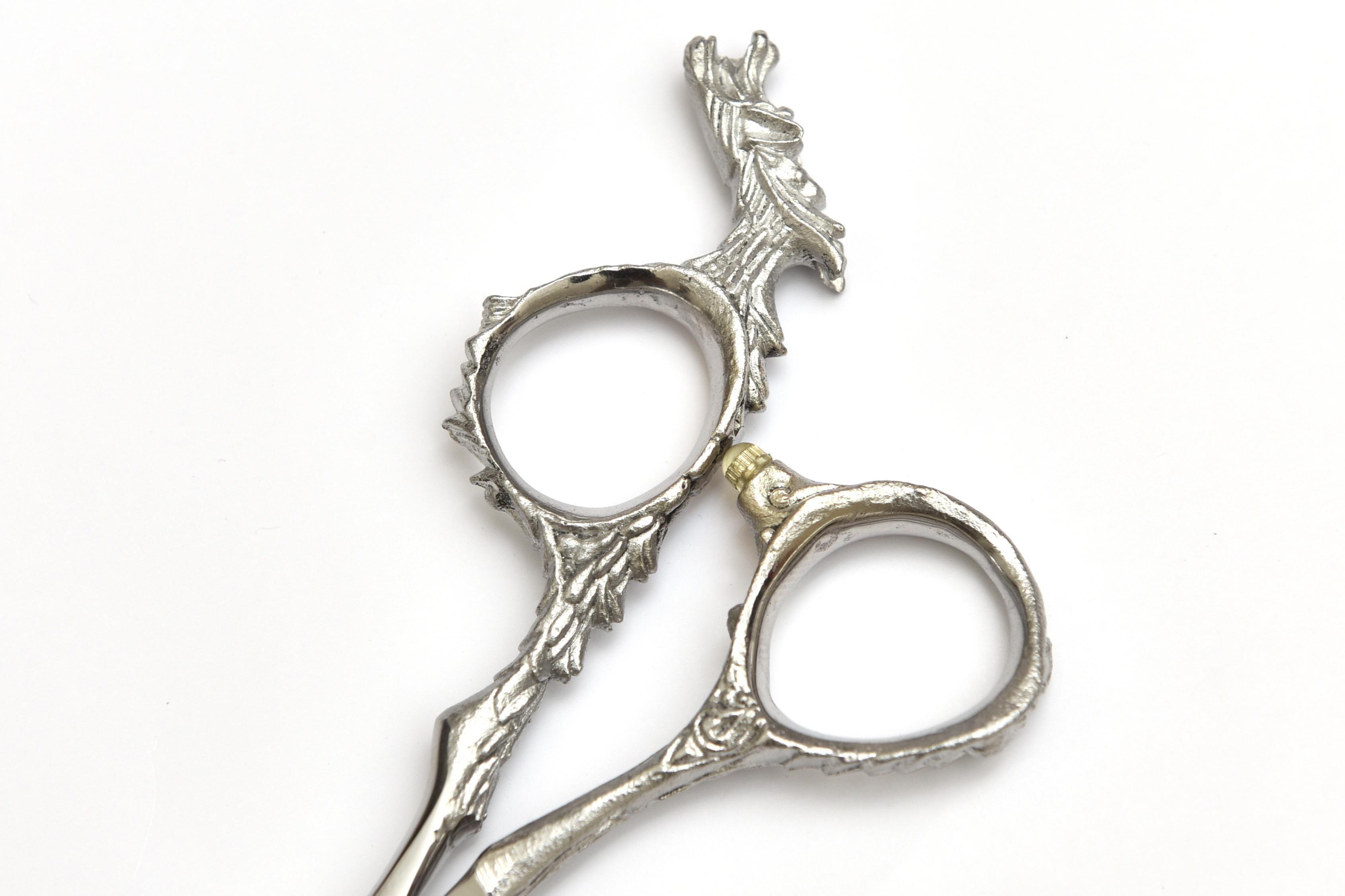 Ornate Silver Shears with Red Gem Leaf Handle