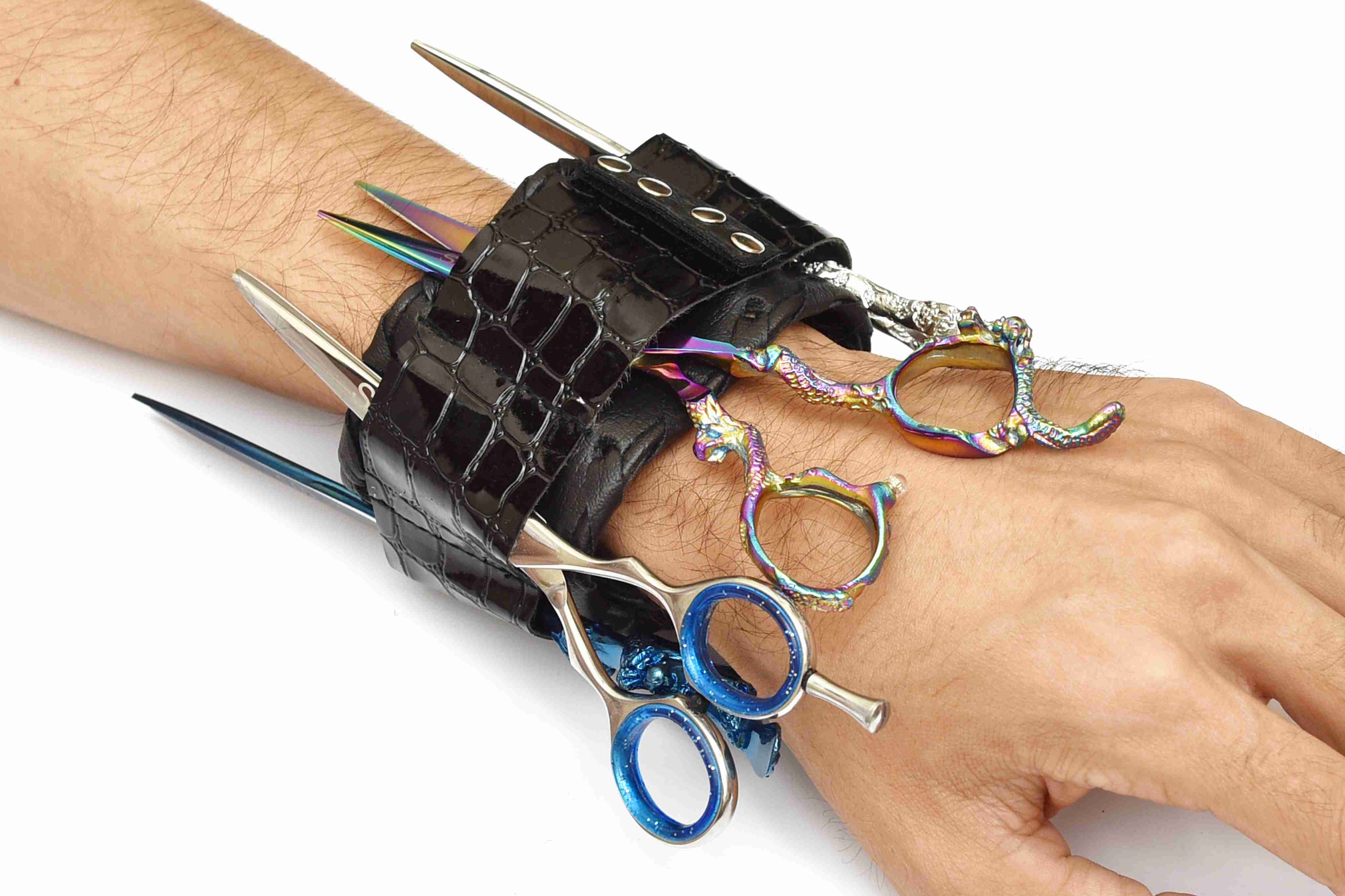 Crocodile Pattern Black Leather Scissors Organizer Bracelet