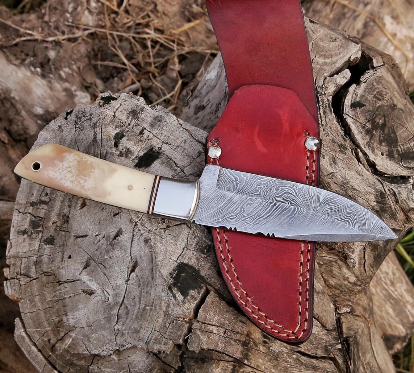 Damascus Steel Fixed Blade Knife with Bone Handle