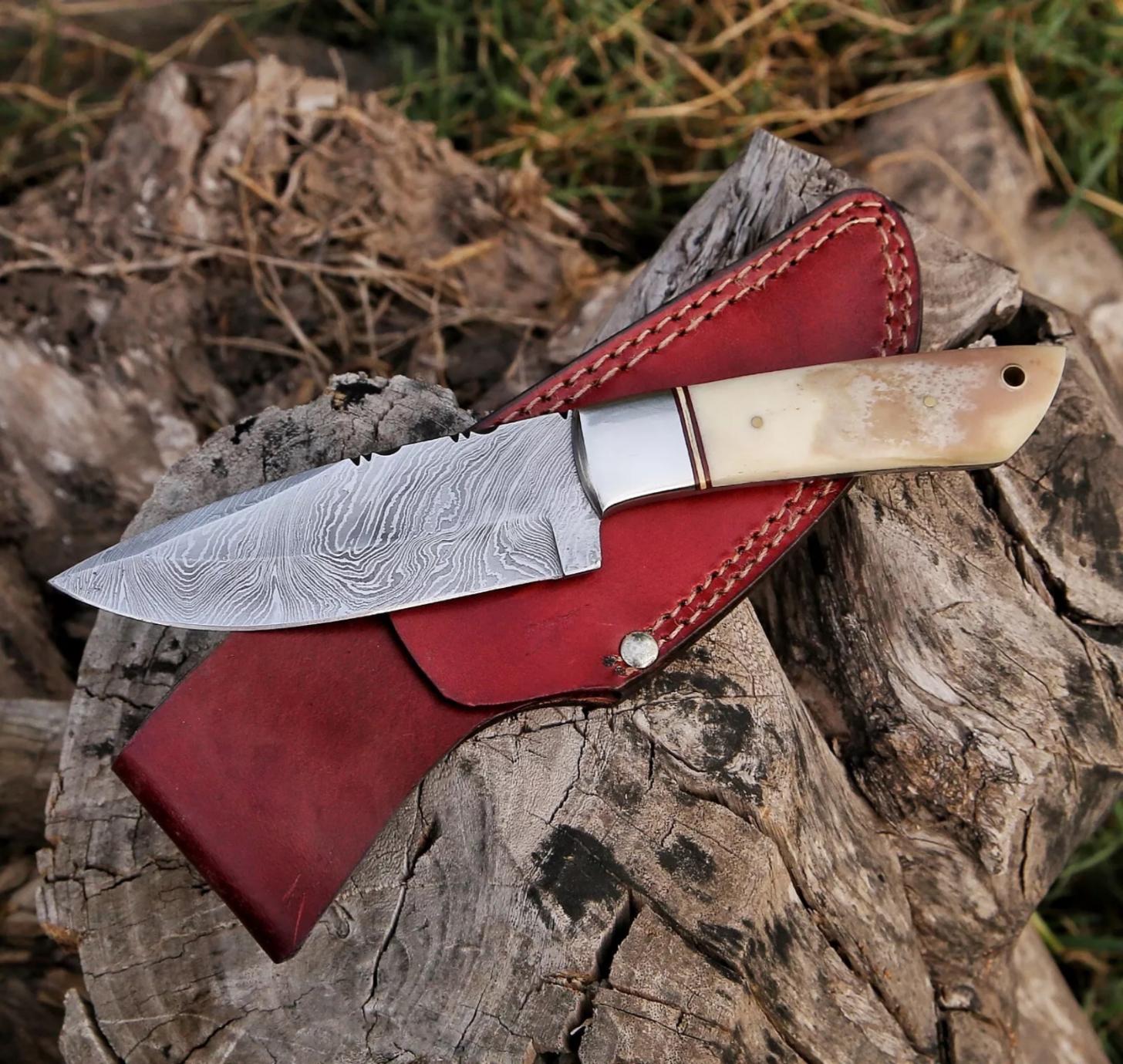 Damascus Steel Fixed Blade Knife with Bone Handle