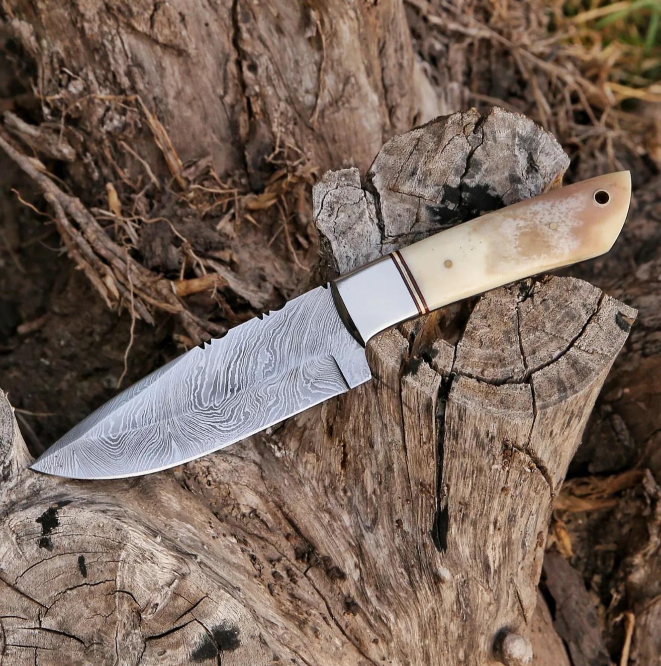 Damascus Steel Fixed Blade Knife with Bone Handle